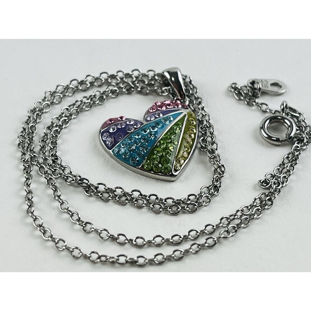 Rainbow Heart Silver Tone Necklace Pendant Angled Pastel CZ Cubic Zirconia Kohls - Picture 14 of 16